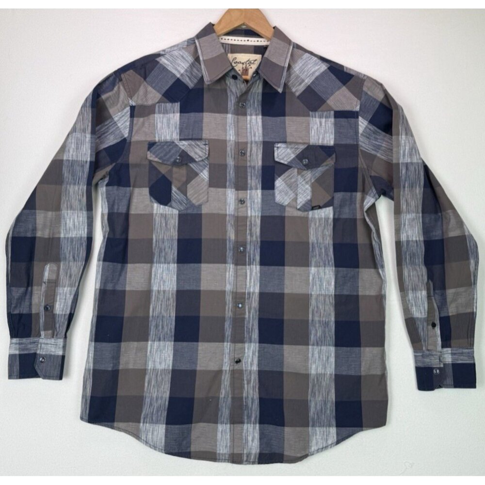 COASTAL Plaid Pearl Snap Button Down Long Sleeve Shirt Blue Gray Mens EUC Sz XL